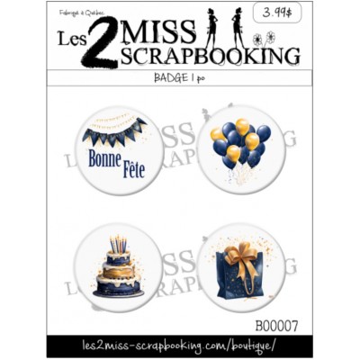 Les 2  Miss scrapbooking - badge «Fête mixte Bleu et or»