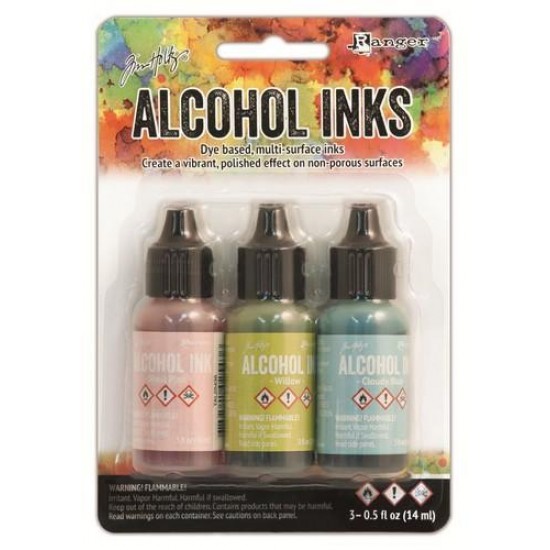 Tim Holtz - Ensemble «Alcohol Inks»  couleur «Shell Pink / Willow / Cloudy Blue»
