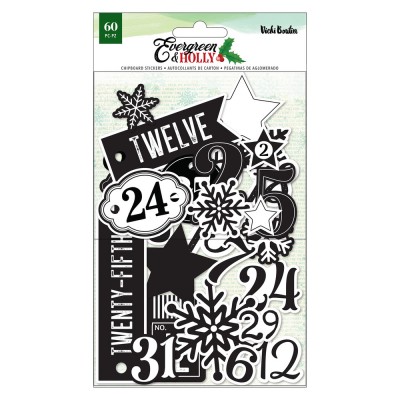 PRÉCOMMANDE- Vicki Boutin - Autocollants noirs et blancs en chipboard  «Evergreen & Holly» 60 pièces