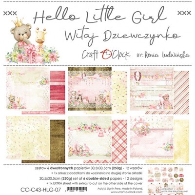 Craft O Clock - Papier 12" X 12"  collection «Hello Little Girl» 6 pages recto-verso