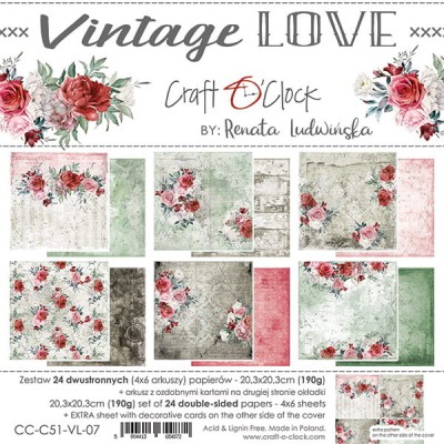 Craft O Clock - Papier 8" X 8"  collection «Vintage Love» 24 pages recto-verso