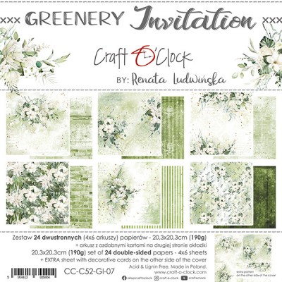Craft O Clock - Papier 8" X 8"  collection «Greenery Invitation» 24 pages recto-verso