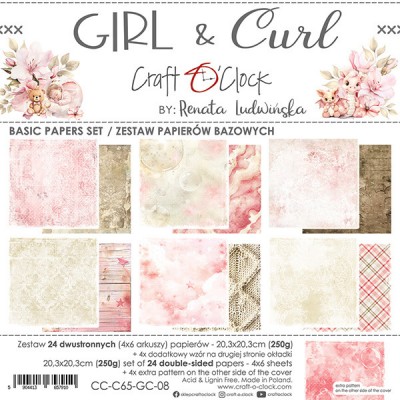 Craft O Clock - Papier 8" X 8"  collection «Girl & Curl BASICS» 24 pages recto-verso