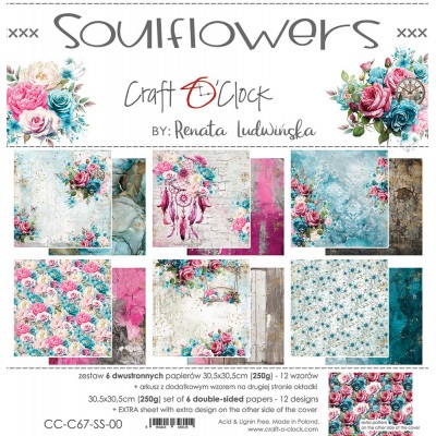 Craft O Clock - Papier 12" X 12"  collection «Soulflowers» 6 pages recto-verso