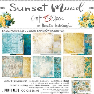 Craft O Clock - Papier 8" X 8"  collection «Sunset Mood BASICS» 24 pages recto-verso