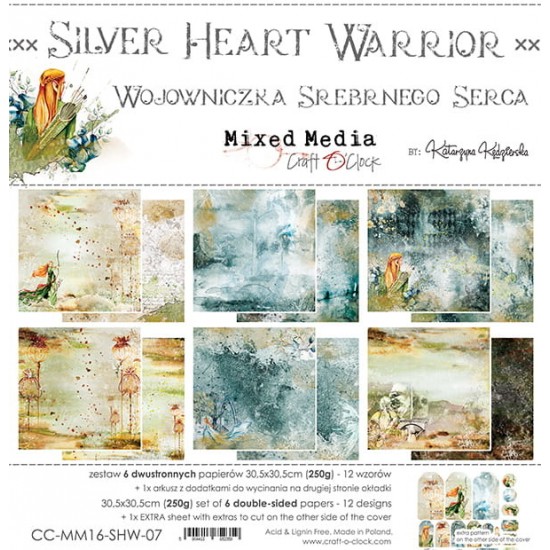 Craft O Clock - Papier 12" X 12"  collection «Silver Heart Warrior» 6 pages recto-verso