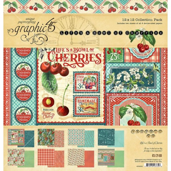  Graphic 45 - «Life is a bowl of cherries» Ensemble de papier 12" X 12"  16 feuilles