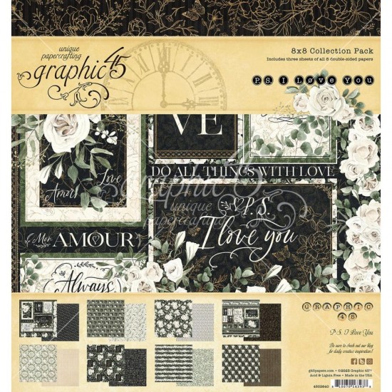  Graphic 45 - «P.S. I Love You» Ensemble de papier 8 x 8"  24 feuilles