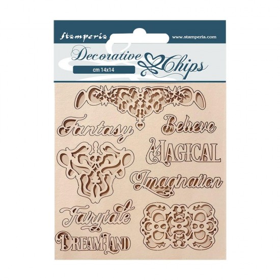 Stamperia - Chipboard «Magic Forest Writings and Plates» 9 pièces